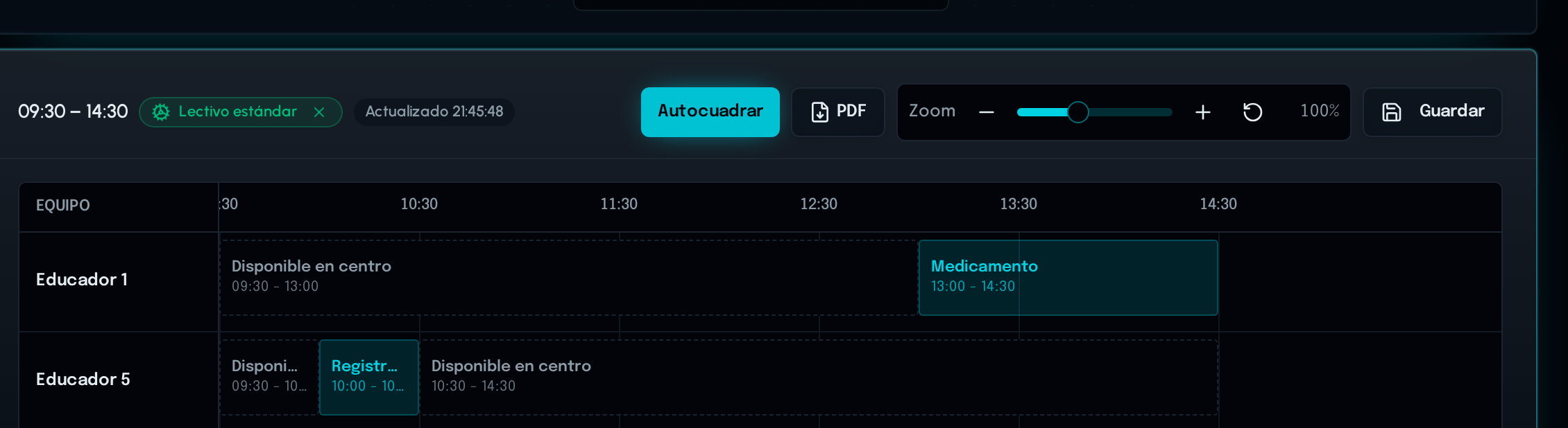 Cronograma horario del tablero de EduPlan con el auto-cuadre aplicado a la jornada